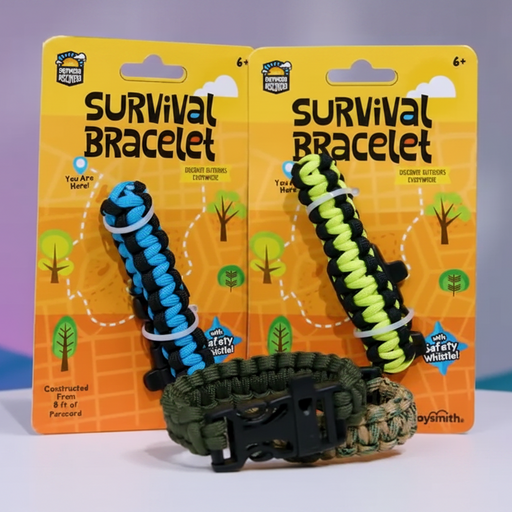 Four survival bracelets with whistles, in neon green, dark green, bright blue and camouflage for children.