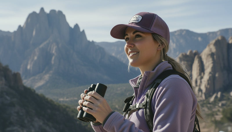 Woman in outdoor setting holding binoculars, wearing a purple cap and jacket.