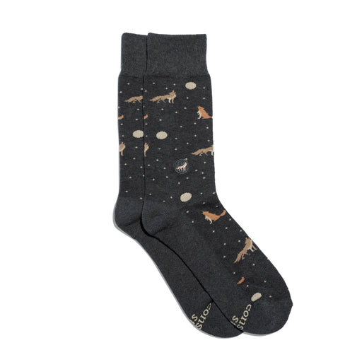 Dark gray sock with brown wolf and full moon pattern 