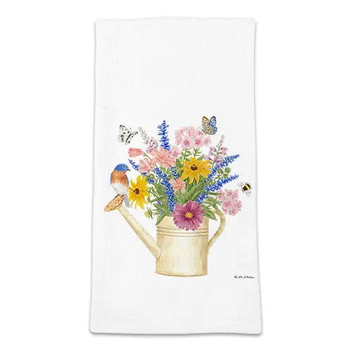 Watering Can Bluebird Bouquet Waffle Towel