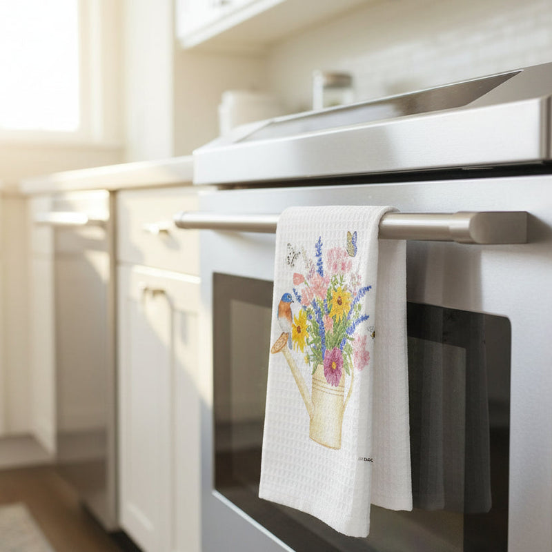 Watering Can Bluebird Bouquet Waffle Towel