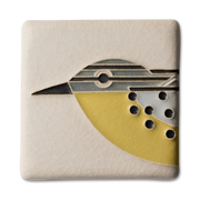 Square ceramic tile with a stylized warbler design on a beige background