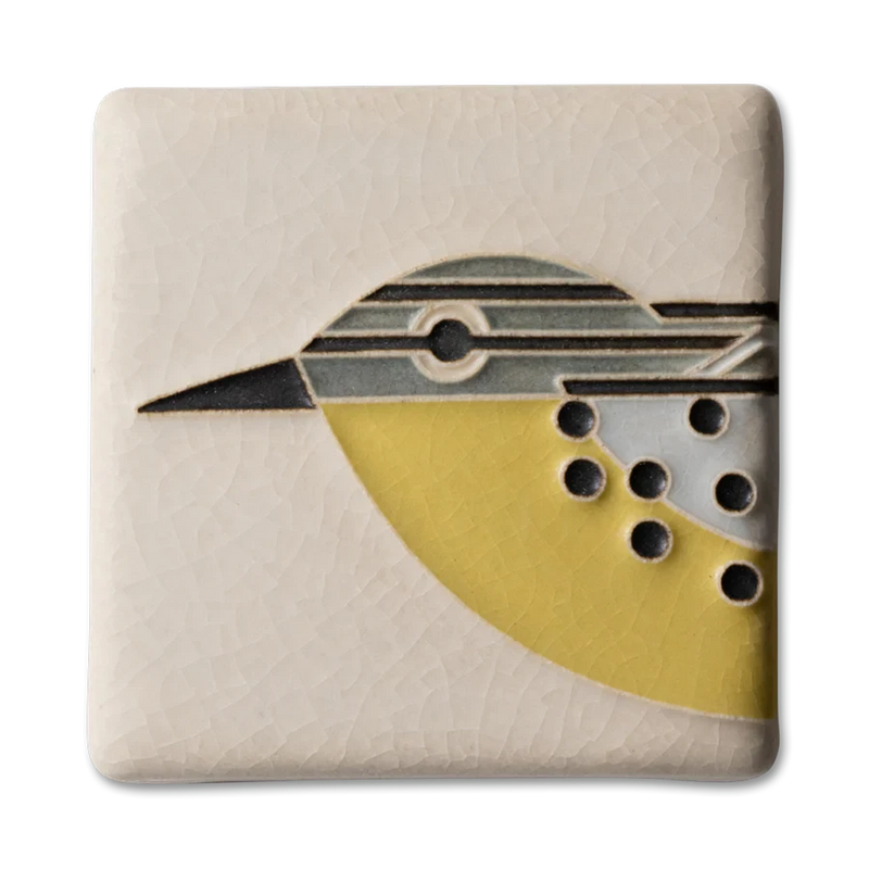 Square ceramic tile with a stylized warbler design on a beige background