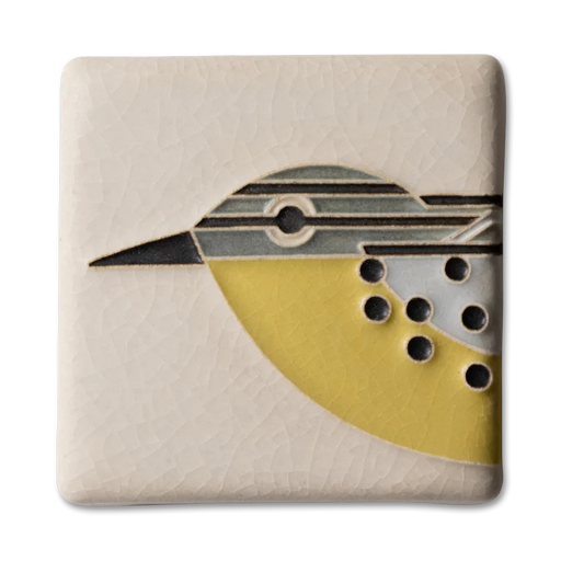 Square ceramic tile with a stylized warbler design on a beige background