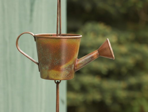 Watering Can Flamed Rain Chain - close up on one of the watering cans