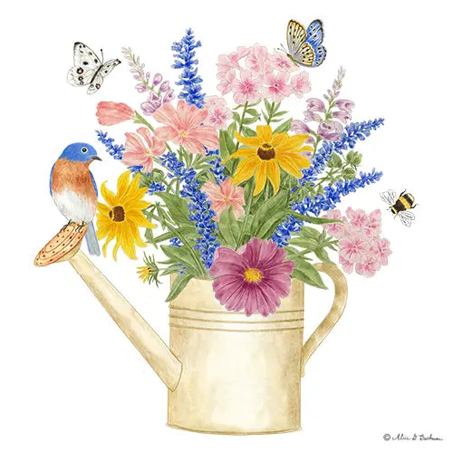 Watering Can Bluebird Bouquet Flour Sack Towel illustration