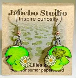 Water Lilies and Frog Earrings with packaging