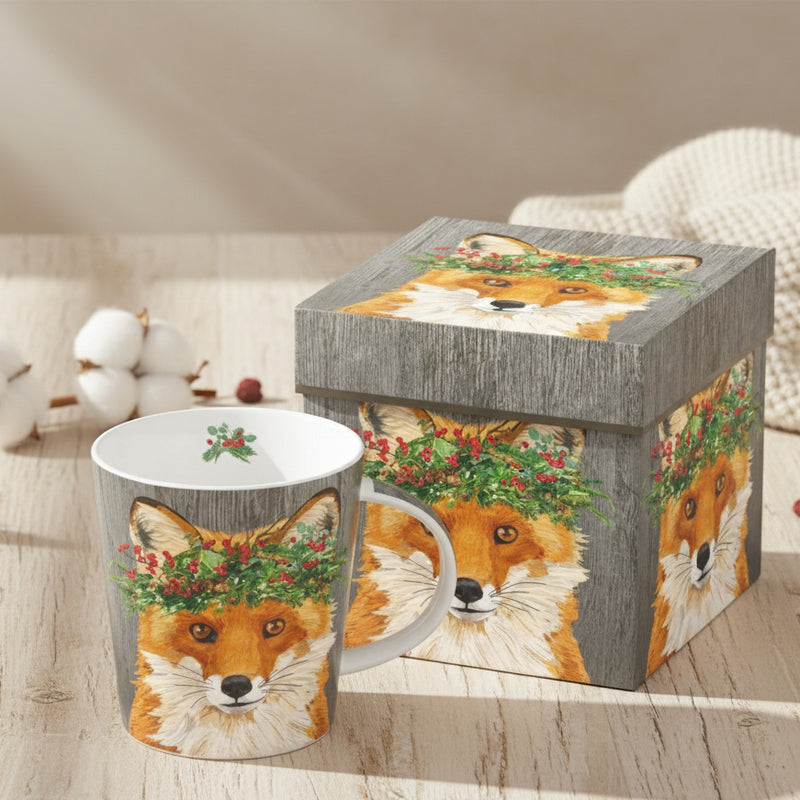 red fox with festive holiday greenery crown on a grey wood background. matching box.