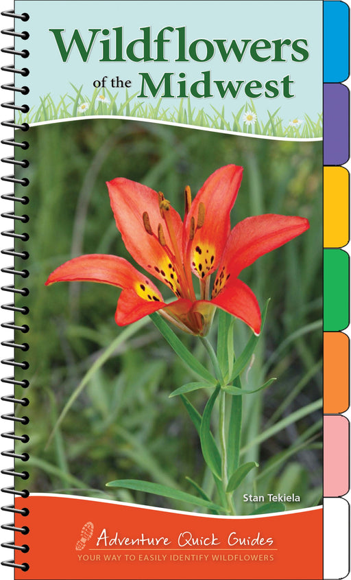 Book cover of 'Wildflowers of the Midwest' with a red flower and color swatches.