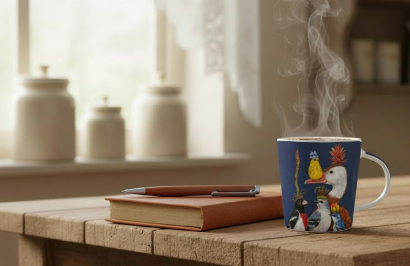 Mug in Gift Box - Willie The Warbler & Guests
mug full of coffee next to a journal and pen. 
