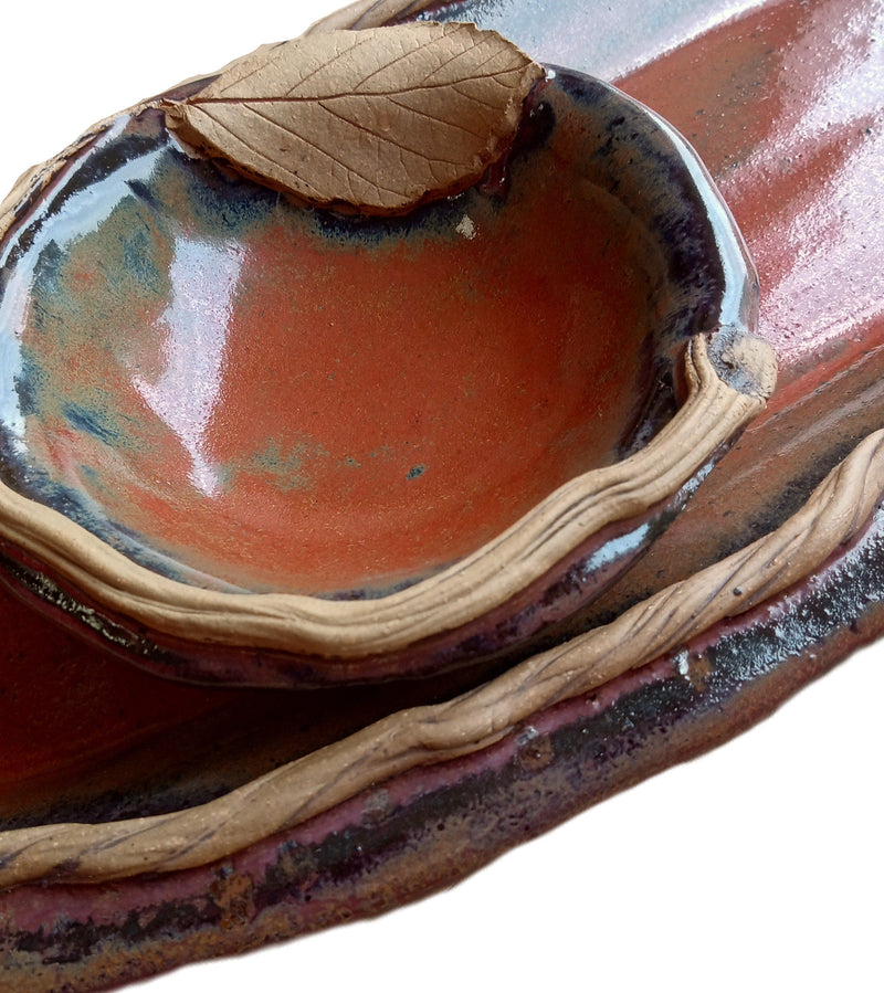 Stoneware Dessert Tray Set - Witch Hazel -leaf and stem details