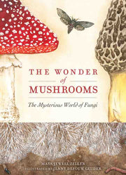 Book cover of 'The Wonder of Mushrooms' with illustrations of mushrooms and a moth.