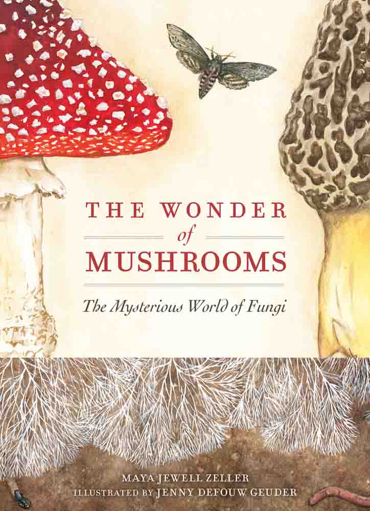 Book cover of 'The Wonder of Mushrooms' with illustrations of mushrooms and a moth.
