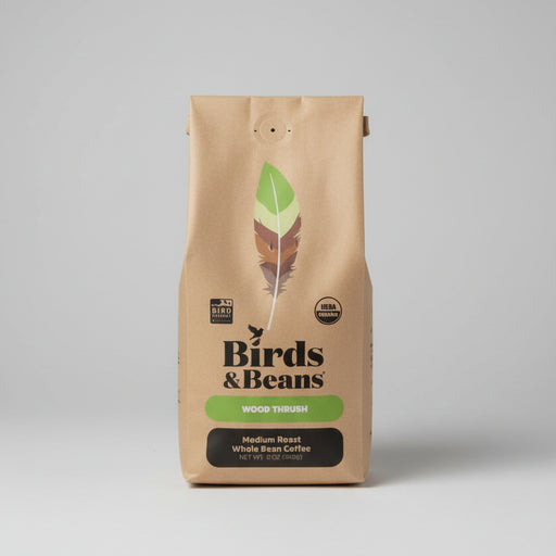 Wood Thrush Medium Roast Whole Bean Coffee in 12 oz bag with white background