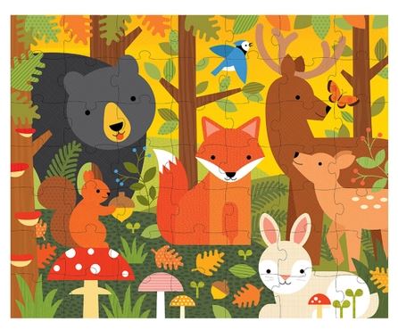 Double-sided puzzle with forest animals including a bear, fox, deer, and rabbit on a woodland background. One side.