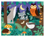Children's double-sided puzzle with forest animals including a wolf, raccoon, owl, and hedgehog. One side.