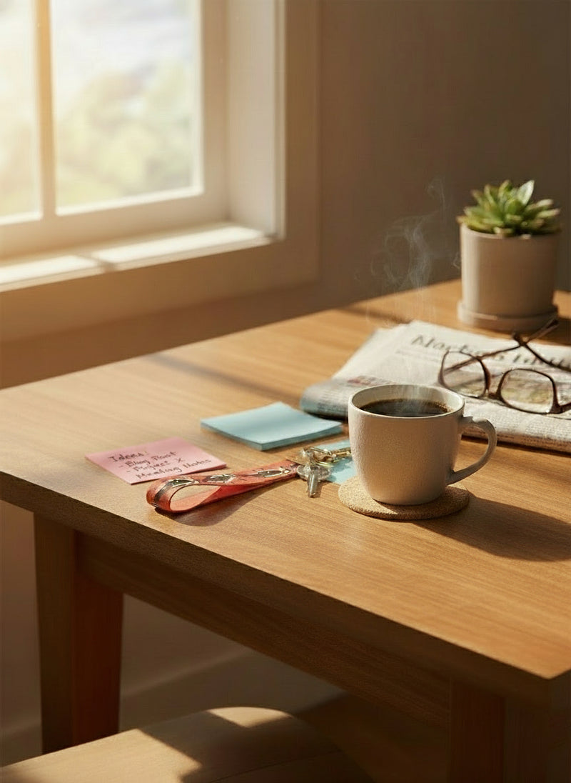 Coffee cup on a wooden table with a plant, glasses, and other items.