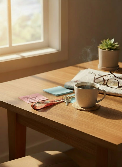 Coffee cup on a wooden table with a plant, glasses, and other items.