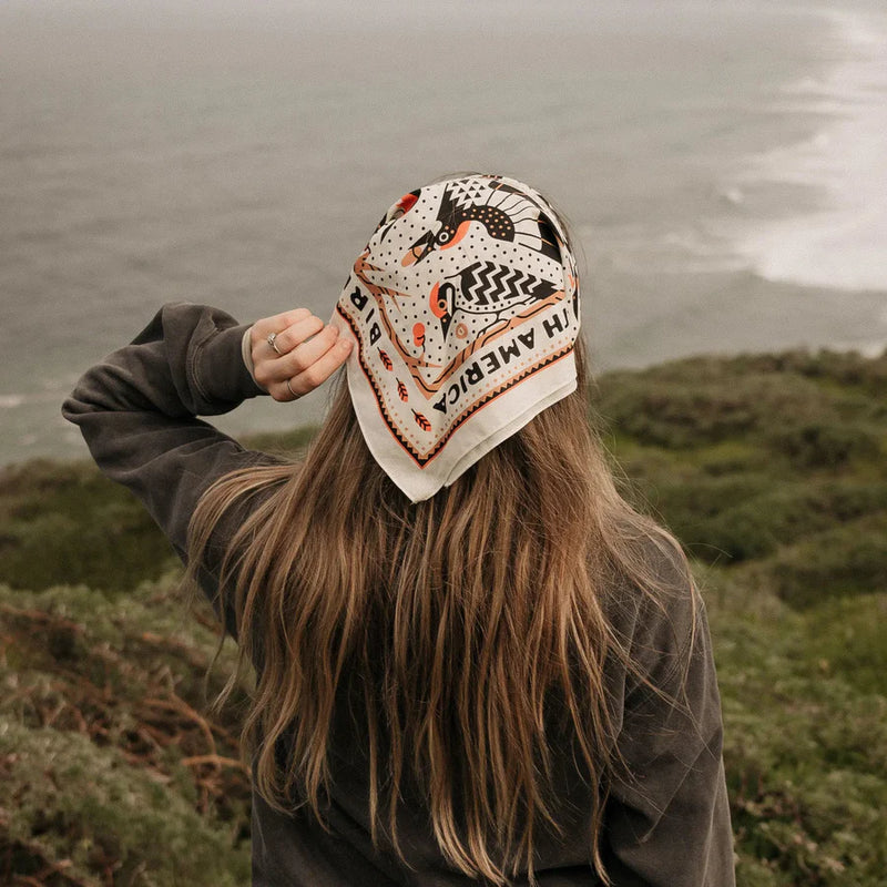 Woodpecker Bandana
worn as a head scarf