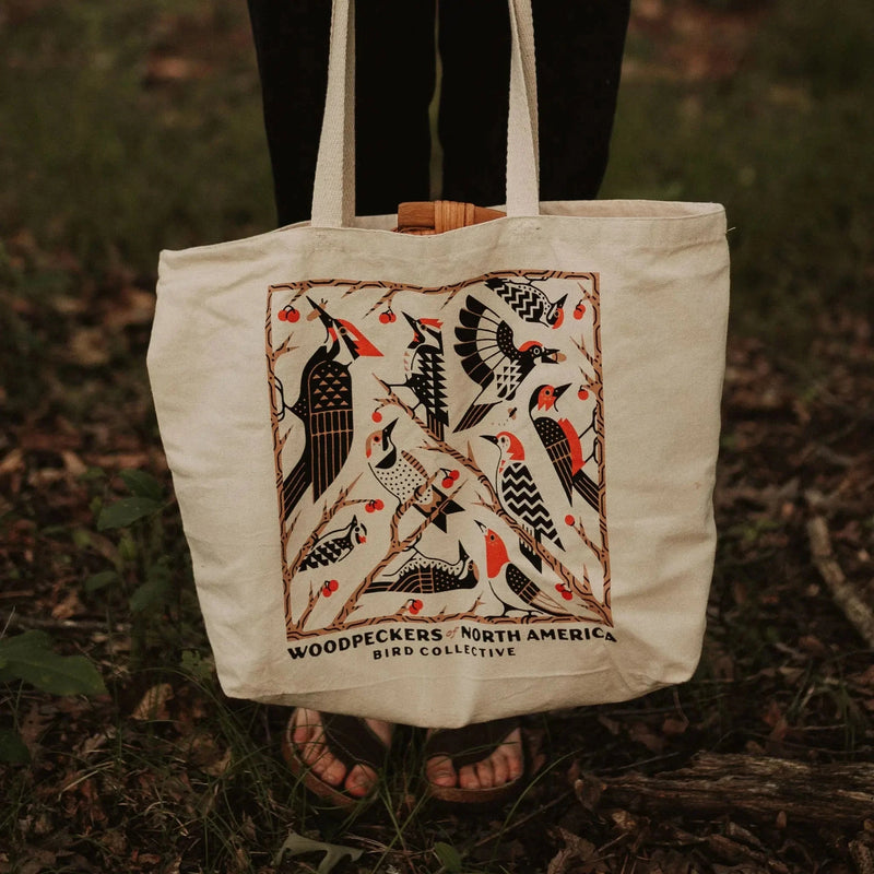 Woodpeckers of North America Tote Bag
Tote bag with woodpecker design held by a person in a natural setting
