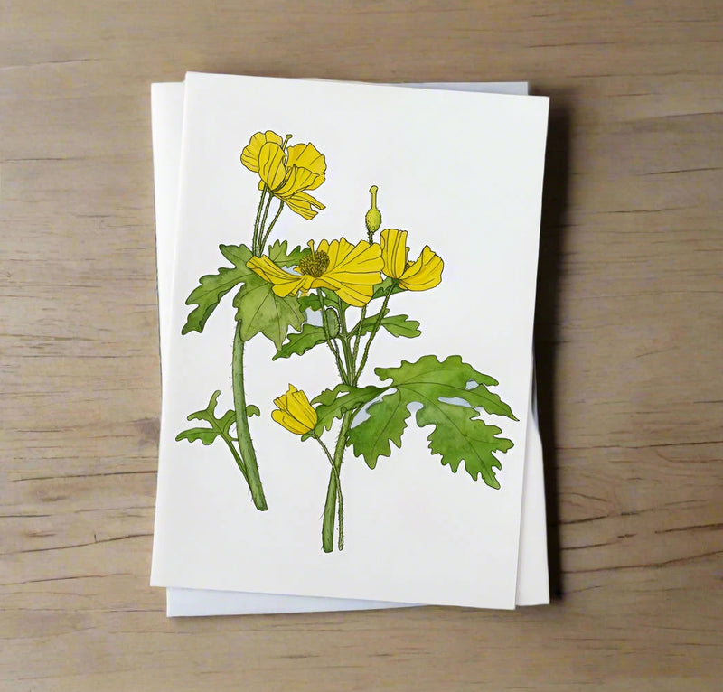 wood poppy greeting card on natural wood background