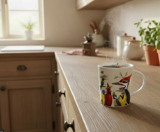 Mug in Gift Box - Woody's Annual Party 
hot mug of coffee on a kitchen counter