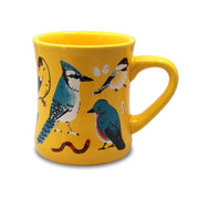 Eastern Backyard Birds Ceramic Mug - Yellow mug with bird illustrations 
