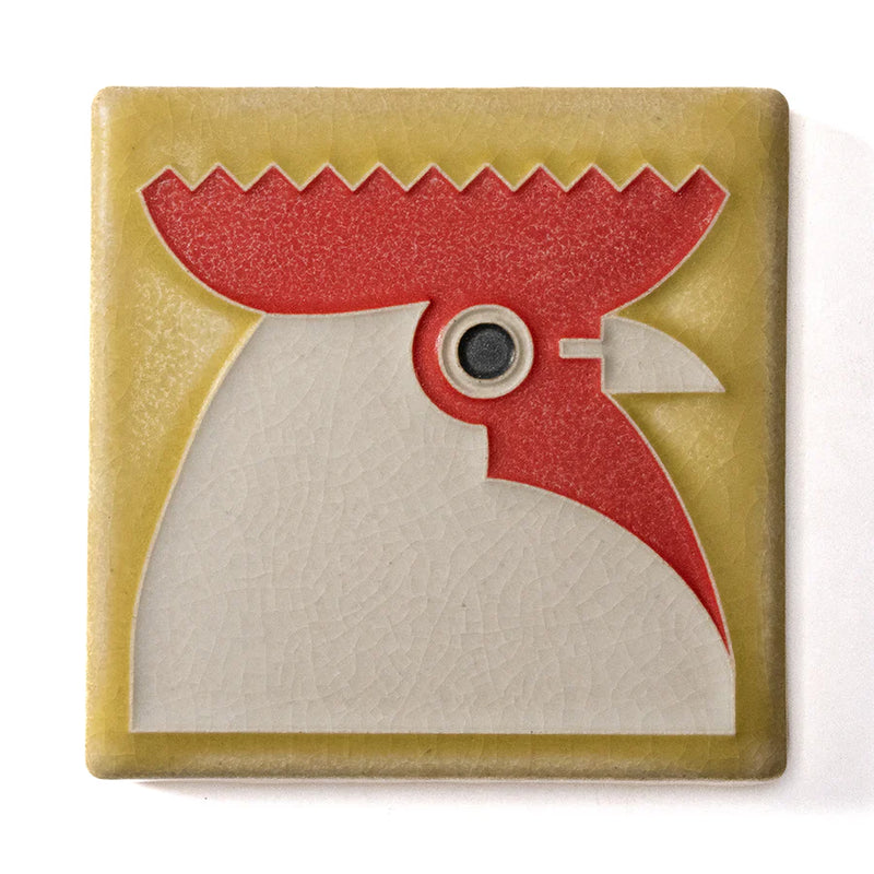 Decorative tile with a red and beige rooster design on a yellow background