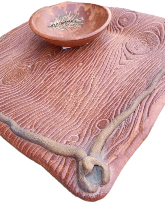 Square Stoneware Platter with Yew Bowl - Wood Pattern