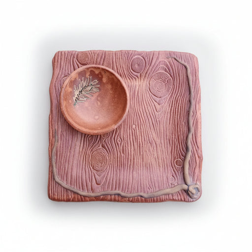 Square Stoneware Platter with Yew Bowl - Wood Pattern