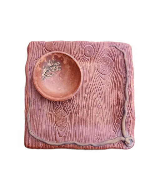 Square Stoneware Platter with Yew Bowl - Wood Pattern