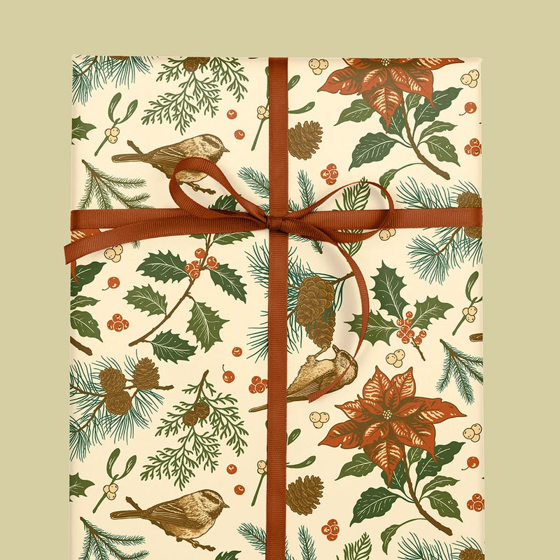 Recyclable Double-sided Gift Wrap Yuletide Chickadee - Green and Cream
Cream Side
