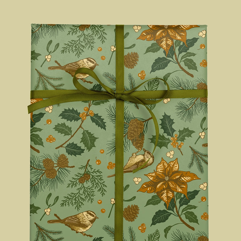 Recyclable Double-sided Gift Wrap Yuletide Chickadee - Green and Cream
Green Side