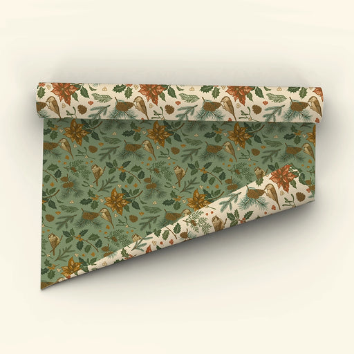 Recyclable Double-sided Gift Wrap Yuletide Chickadee - Green and Cream