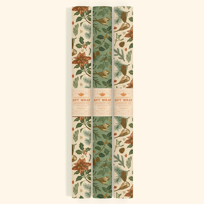 Recyclable Double-sided Gift Wrap Yuletide Chickadee - Green and Cream
