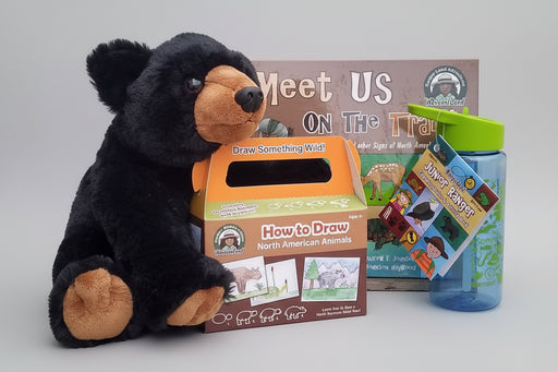 Spring bundle of: Meet us on the Trail picture book; Black Bear Stuffed Animal; How to Draw Animals Kit; Expedition Bottle and Activity Book