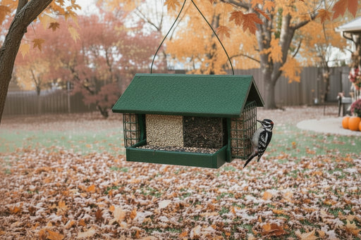 Twin Oasis with Suet Cages Recycled Bird Feeder in use, visited by a downy woodpecker