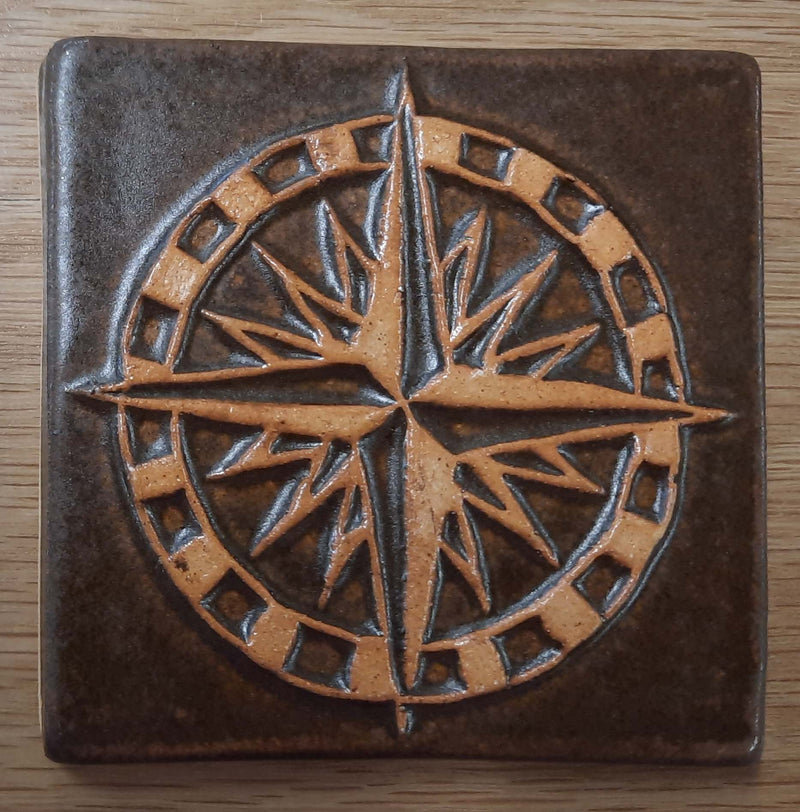 Stoneware Tile Compass Rose - 4 x 4 inches - chocolate brown