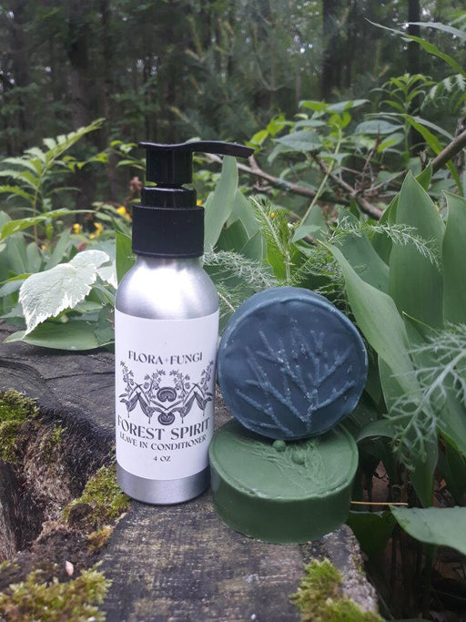 Forest Spirit Leave-In Conditioner pump bottle shown with conditioner bars