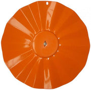 A orange, disk-shaped all weather guard for bird feeders with brass hardware.