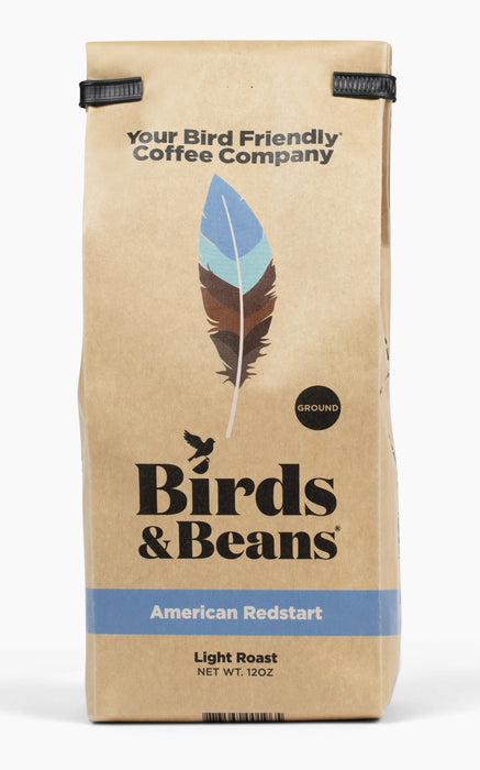 American Redstart Light Roast Ground Coffee in 12 oz bag with white background