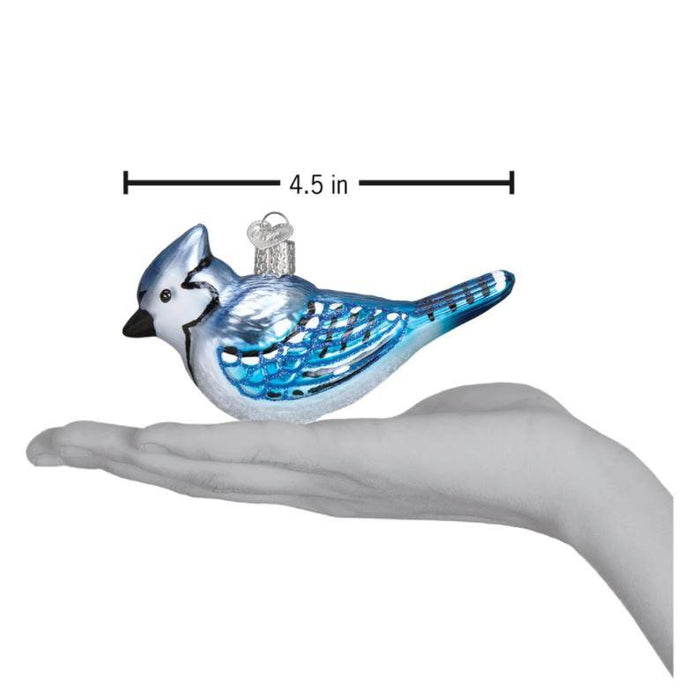 Bright Blue Jay Ornament Hand for Scale