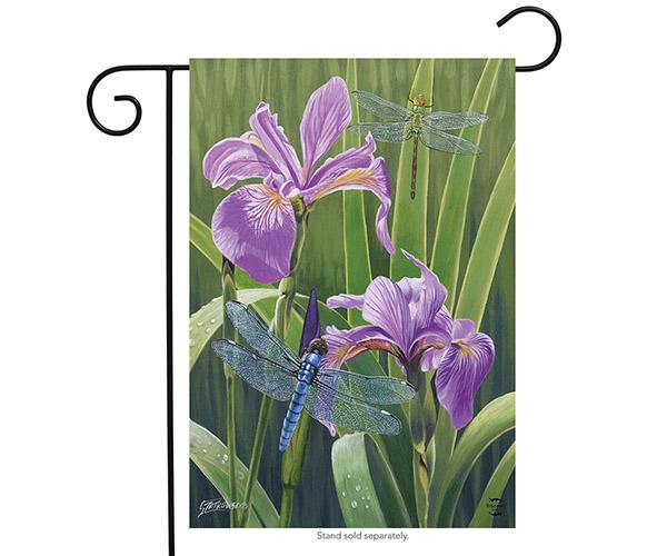 Dragonflies and Irises Garden Flag