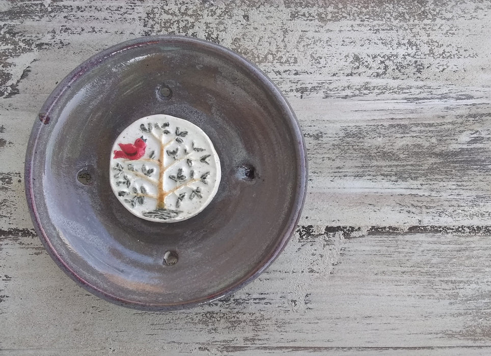 Nature Ceramic Soap Dish - Cardinal on Ivory Background