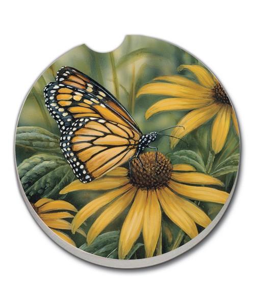 Take a Monarch butterfly along for the ride with this beautiful car coaster. Designed to fit in your car cup holder.  Absorbent Stone Car Coaster. 1 pack  Measures 2.6 inch diameter.
