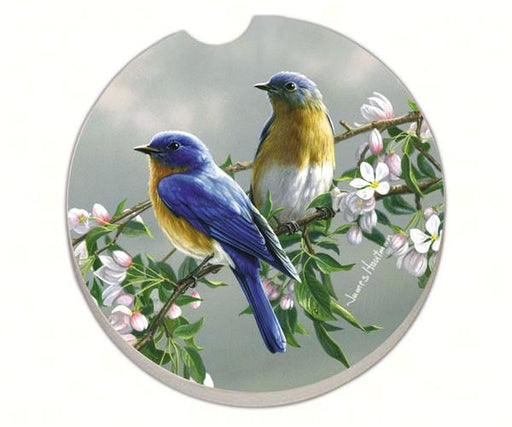 Take a pair of bluebirds along for the ride with this car coaster. Designed to fit in your car cup holder.  Absorbent Stone Car Coaster 1 pack.  Measures 2.6 inch diameter.