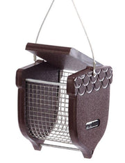 brown acorn peanut feeder with open lid