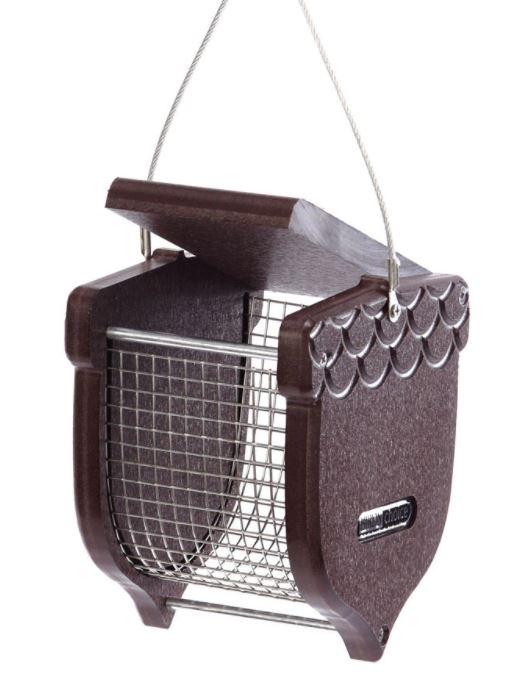 brown acorn peanut feeder with open lid
