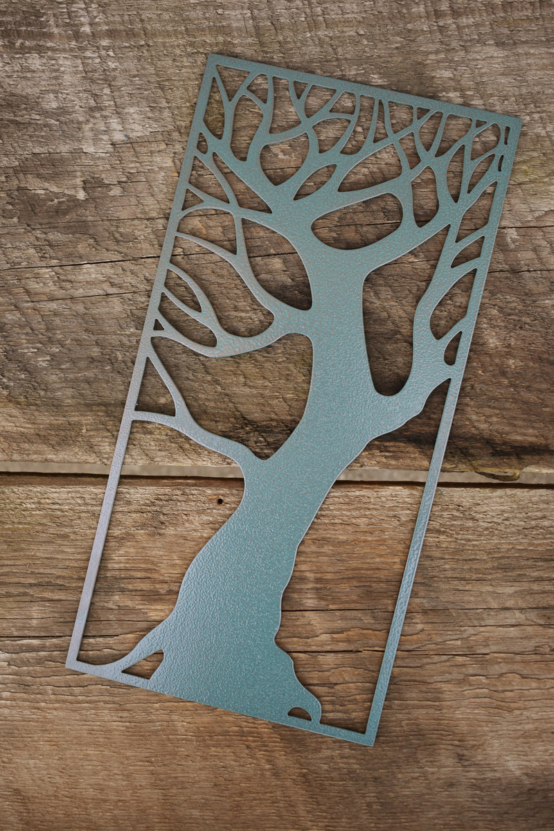 Copper blue metal tree art