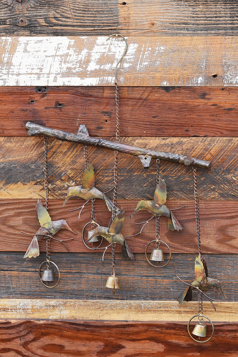 Hummingbird Flamed Copper Wind Chime with Wood Background